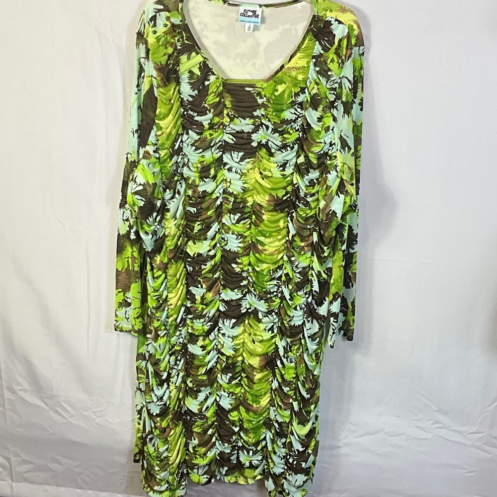 Future Collective Green and Brown Floral Long Sheer Sleeve Midi Dress Size 4X